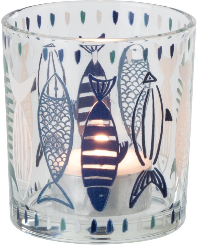 J-Line theelichthouder Vis - glas - wit/blauw - small - 2 stuks