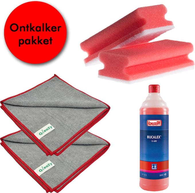 Professioneel Ontkalkerpakket - Buzil Bucalex 1L. | 2x Grey Line Microvezeldoek 300grms | 2x Schuurspons