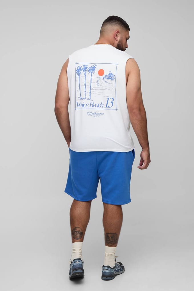 Plus Regular Fit Drop Armhole Landscape Print Tank & Relaxed Short Set | White | Size 2XL