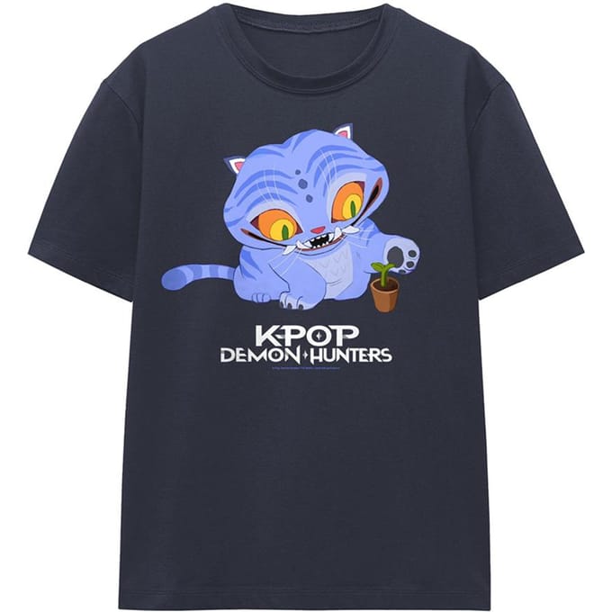 K-Pop Demon Hunters Dames/Dames Schattig Derpy Tijger Cartoon T-shirt (Deep Navy)