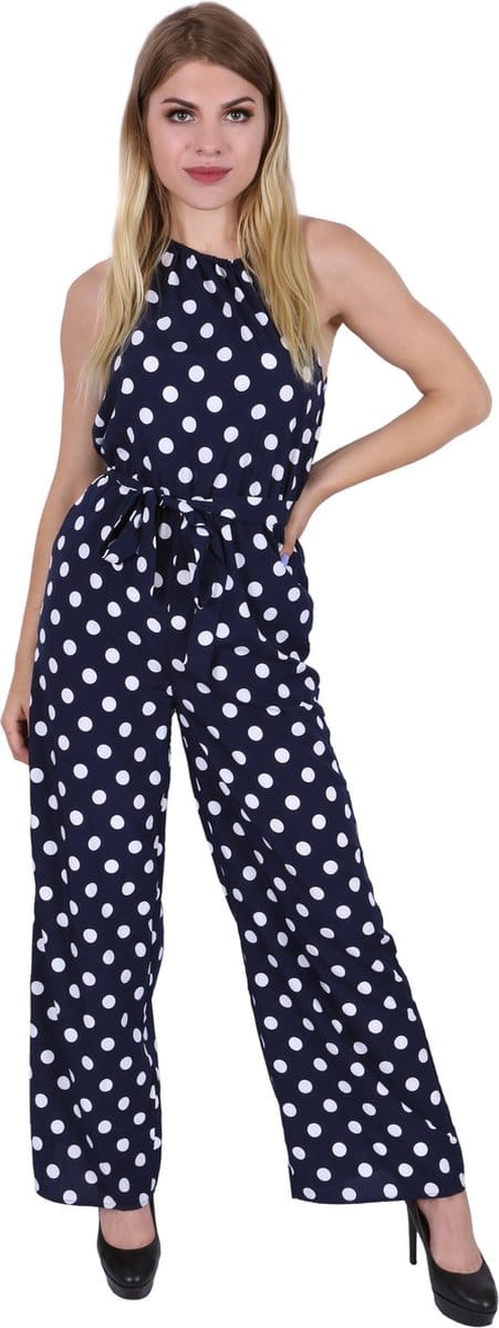 Donkerblauwe jumpsuit met stippen en wijde pijpen Parisian