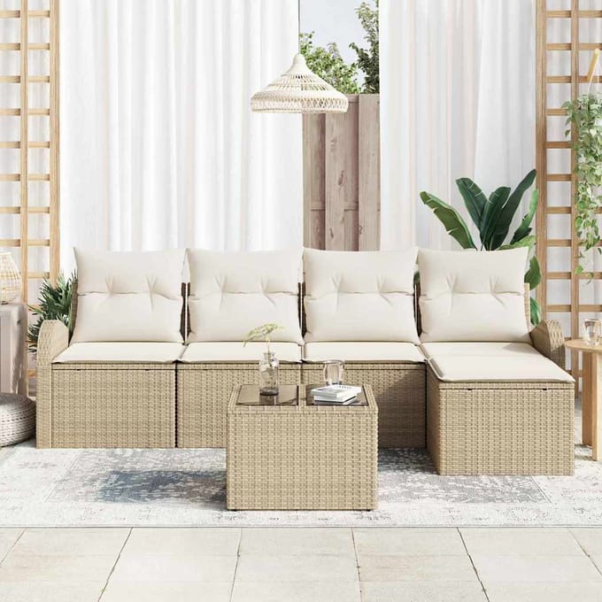 vidaXL - Tuinbank - Set - met - kussen - 6 - pcs - Beige - Poly - rattan