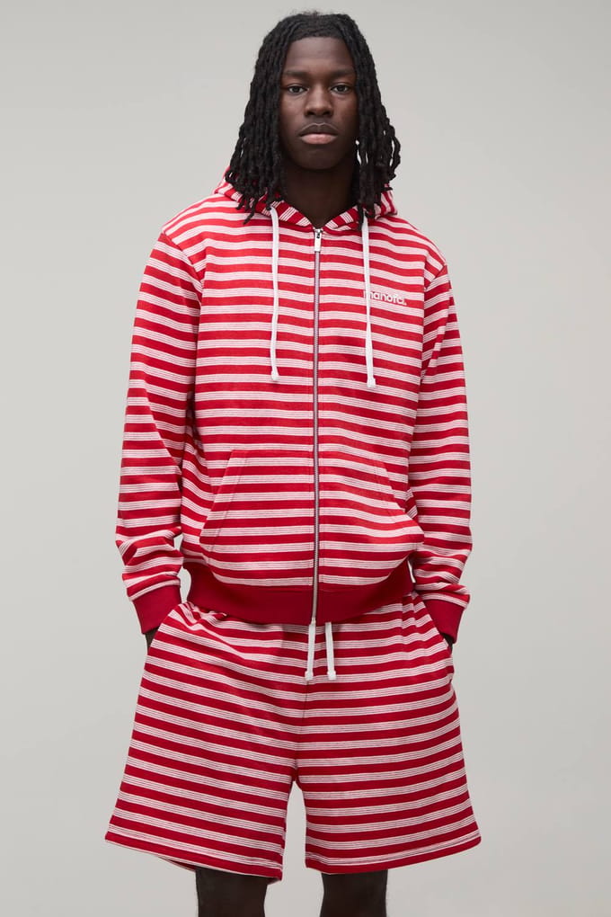 Regular Fit Gestreept Trainingspak Met Rits En Capuchon En Korte Broek | Red | Size Medium