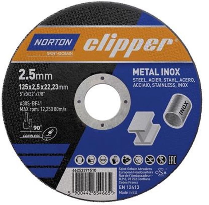 Trennschijf D125x2,5mm Type 41 Metaal-Inox Boring 22,23mm NORTON CLIPPER