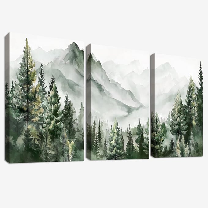 Set van 3 houten ingelijste canvas wanddecoratie met aquarel berglandschap en bos