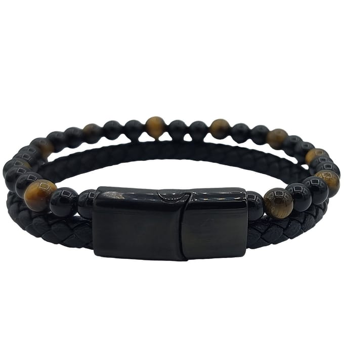 Rhylane – Heren Armband - Leder & Tijgeroog – Edelstaal sluiting – Zwart – 21 cm
