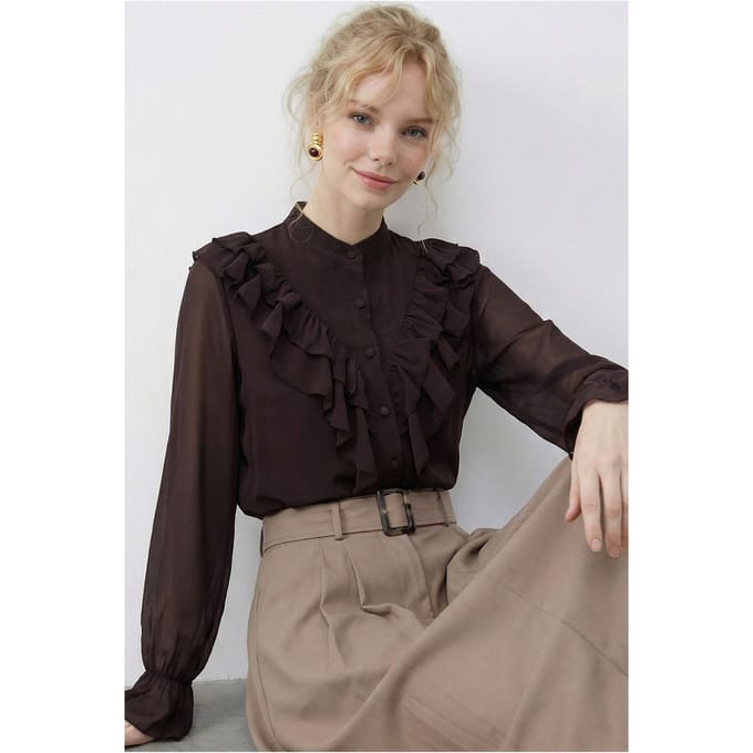 Rimpelige Mandarin Kraag Lange Mouw Chiffon Blouse
