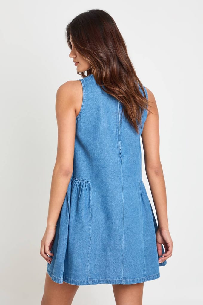 boohoo Dames Chambray Smock Jurk | Medium Gebleekt | Maat: 36