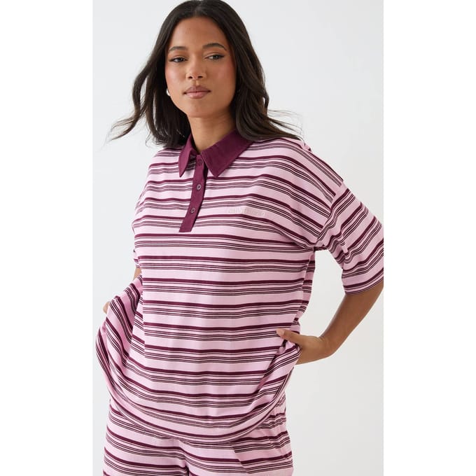 Dames Dsgn Studio Gestreepte Polo Top Met Korte Mouwen | Pink | Maat: Medium