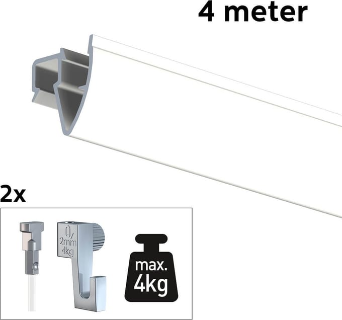 Artiteq Schilderij Ophangsysteem 4 meter All-in-one Up Rail 4kg / Wit RAL9016