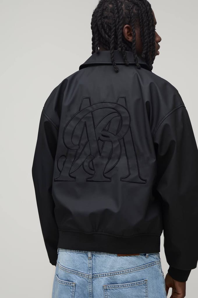 PU Embroidered Harrington Jacket | Black | Size Small