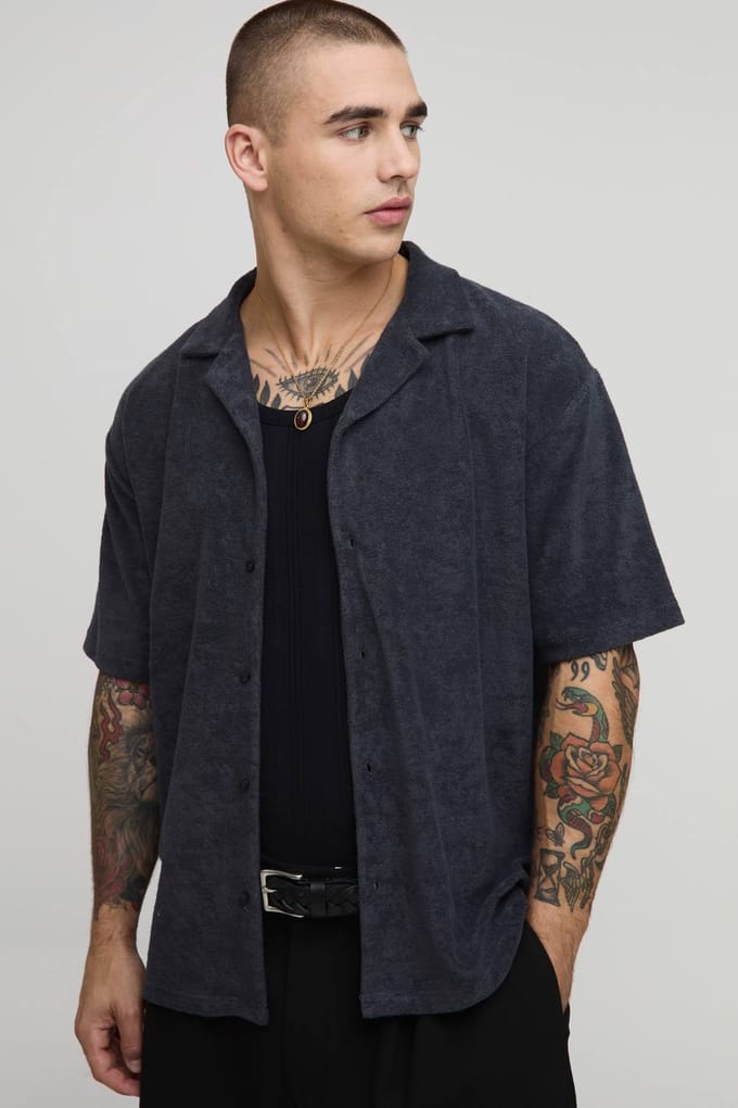 Oversized Revere Towelling Shirt | Dark Grey | Size Small
