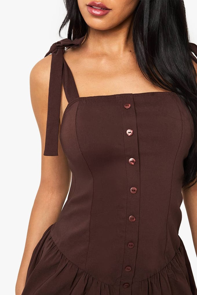 boohoo Dames Button Through Dropped Waist Mini Dress | Chocoladebruin | Maat: 40