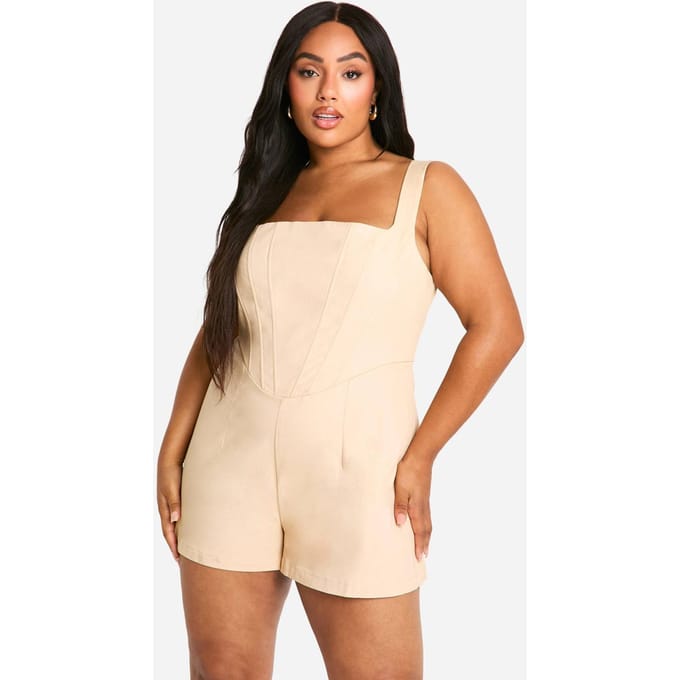 boohoo Dames Plus Geweven Corset Playsuit | Camel | Maat: 56