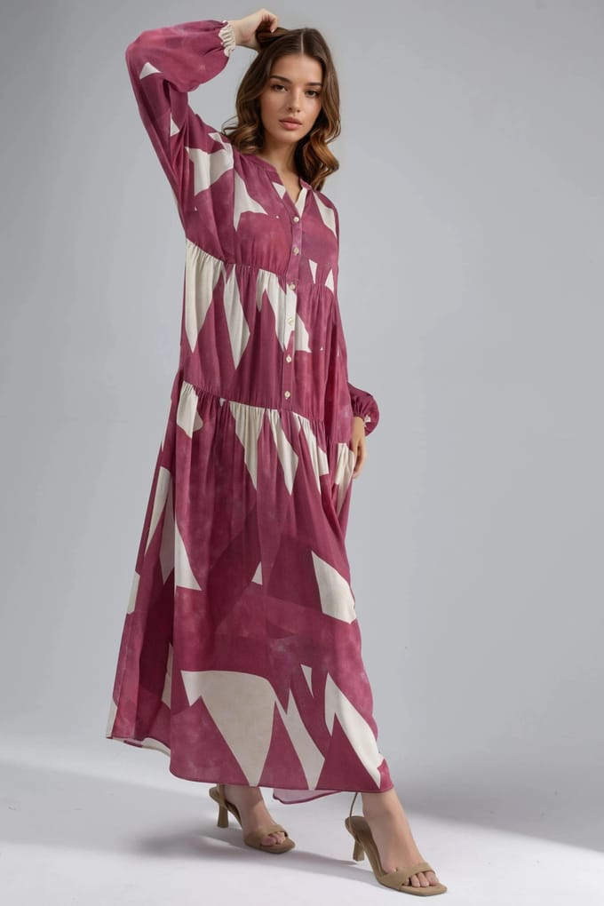 Geprinte Lange Mouw Viscose Maxi Jurk