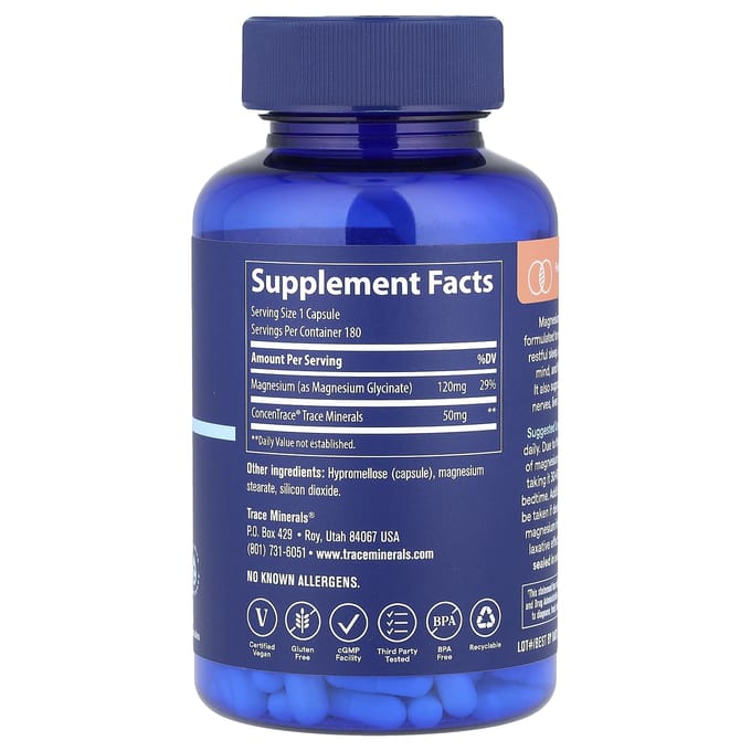 Traces de glycinate de magnésium, 120 mg, 180 gélules