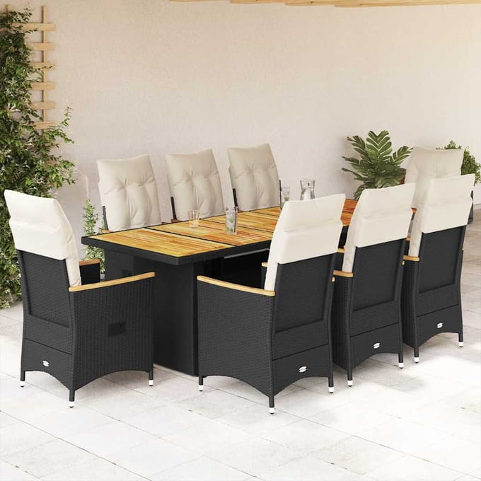 vidaXL - 9-delige - Bistroset - met - kussens - poly - rattan - zwart