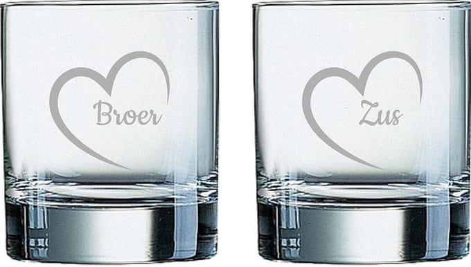 Gegraveerde Whiskeyglas 20cl Broer met hartje-Zus met hartje
