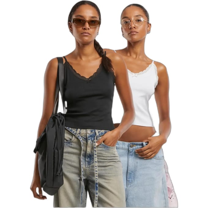 Urban Classics - VNeck Lace Mouwloze top - L - Zwart/Gebroken wit