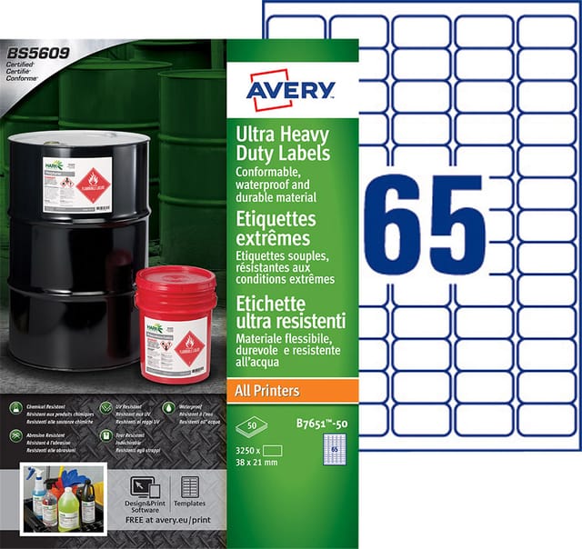 Etiket Avery B7651-50 38x21mm polyethyleen wit 3250 stuks