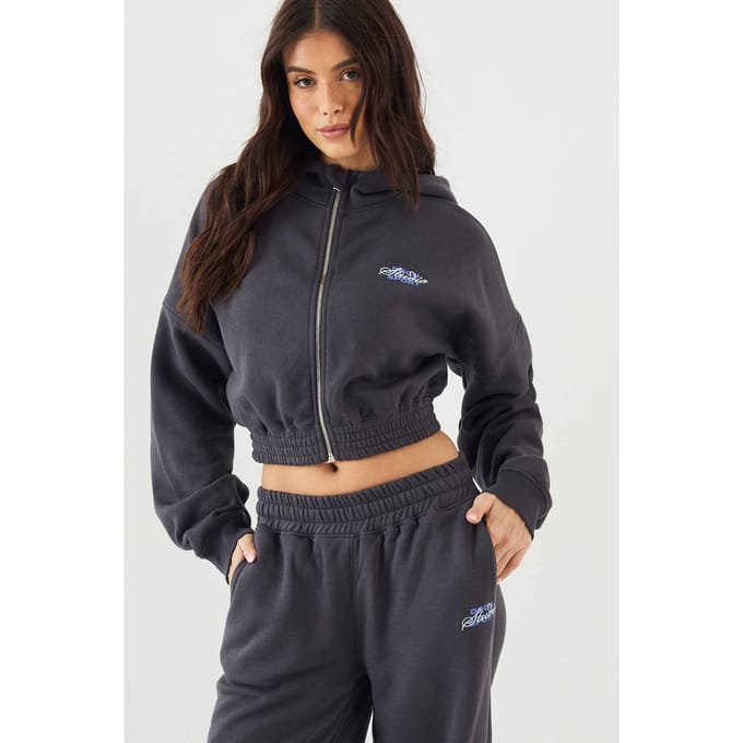 Dames DSGN Studio Sport Boxy Crop Zip Through Hoodie | Slate Grey | Maat: Small