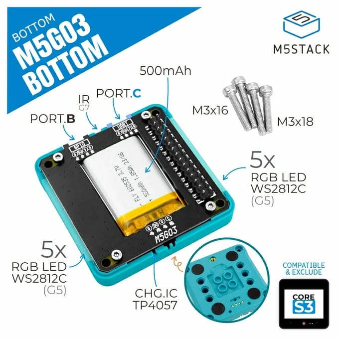 M5Stack Officiële M5GO Batterij Bottom3 (alleen voor CoreS3)