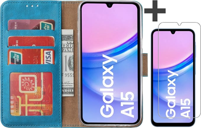 Hoesje met Screenprotector Geschikt voor Samsung Galaxy A15 – Arara bookcase met pasjeshouder - Blauw