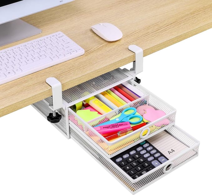 Uitschuifbare Lade Organizer Onder Bureau - 2-Laags Metalen Opbergrek voor Thuiskantoor Bureau (Wit)