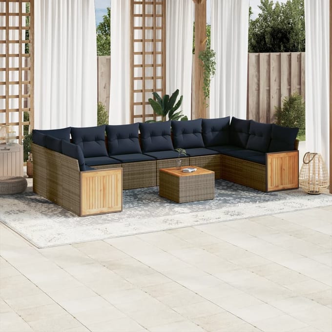 vidaXL - 11-delige - tuinbankset - met - kussens, - grijs - polyrotan