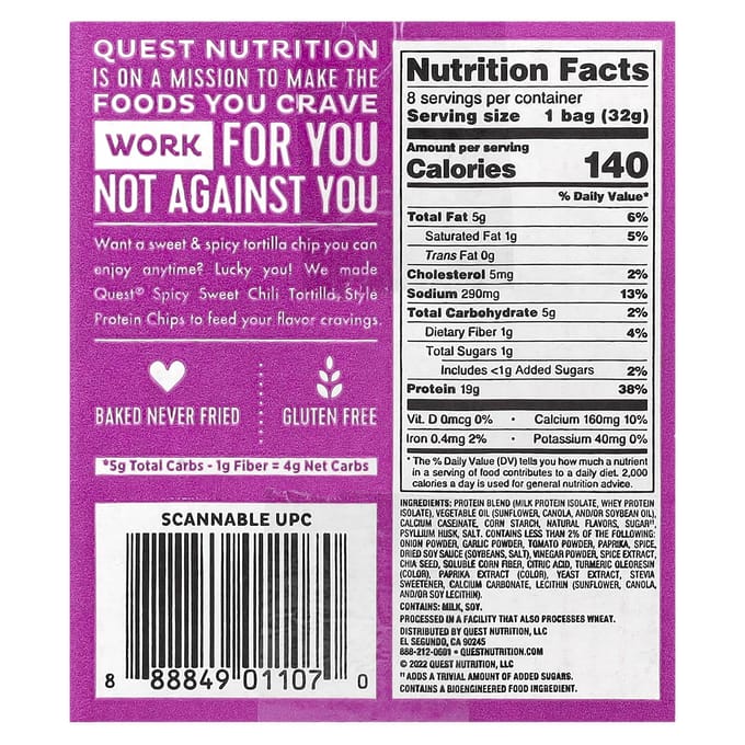 Quest Nutrition Protein Tortilla Chips (8x32g) Spicy Sweet Chili - Functionele voeding - Eiwit Snacks