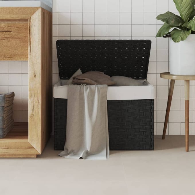 vidaXL - Wasmand - met - deksel - 55,5x35x34 - cm - poly - rattan - zwart