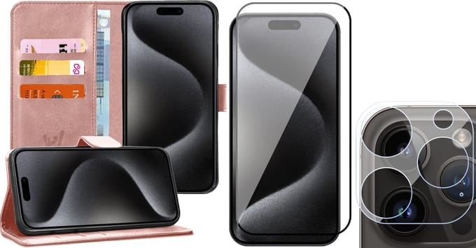 Hoesje geschikt voor iPhone 15 Pro - Screenprotector FullGuard & Camera Lens Screen Protector - Book Case Kunstleer Pasjeshouder Rosegoud