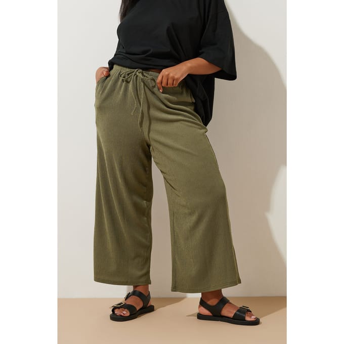Yours Culottebroek Met Textuur En Elastische Taille In Kakigroen Size 46
