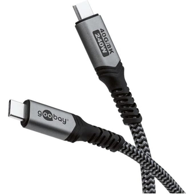 Goobay USB-C-kabel, USB4, 1,8 m, zwart; zilveren, 240 W, 5 A, 40 Gbit/s, Power Delivery, textielmantel