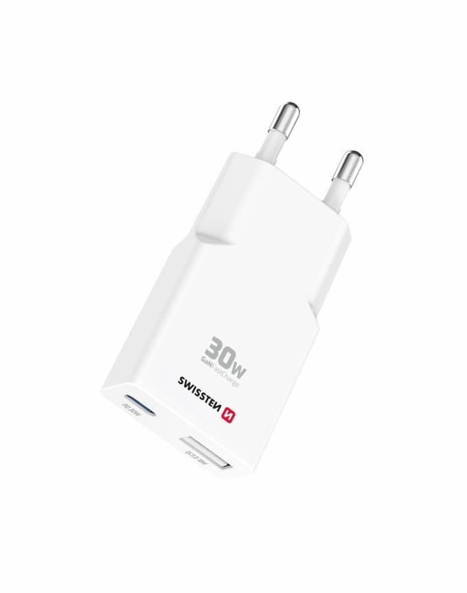 Swissten Snellader 30W Slim Design - USB-C & USB-A Poort - GaN technologie - Geschikt voor o.a. Smartphone & Tablet - Wit
