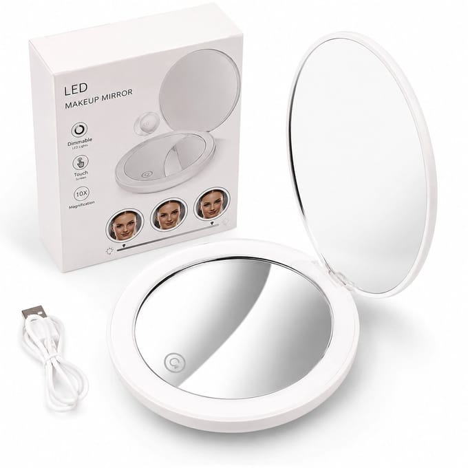 Compacte Make-Up Spiegel met Verlichting – 10 x Vergroting – LED Verlichting – Dimfunctie – Cadeautip – Wit