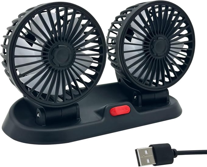 USB Auto Ventilator Met Twee Koppen – 2 Snelheden 360° Draaibaar – 5V Voor Auto, SUV en Caravan