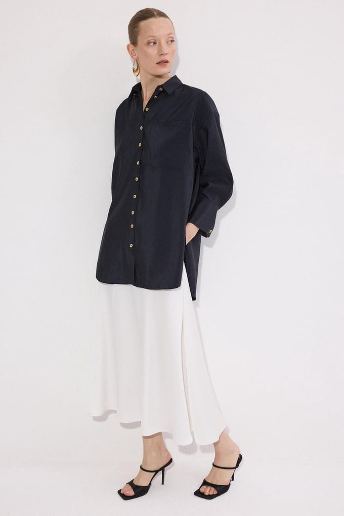 Touché Privé - Cupro blouse met gouden knopen - Antraciet - Dames