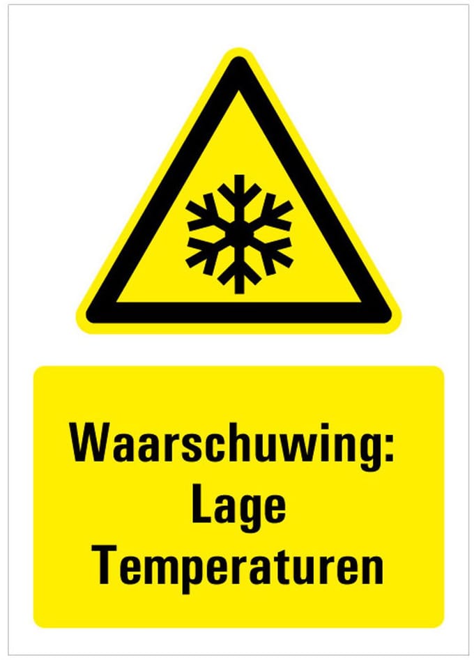 Sticker met tekst waarschuwing lage temperaturen 148 x 210 mm