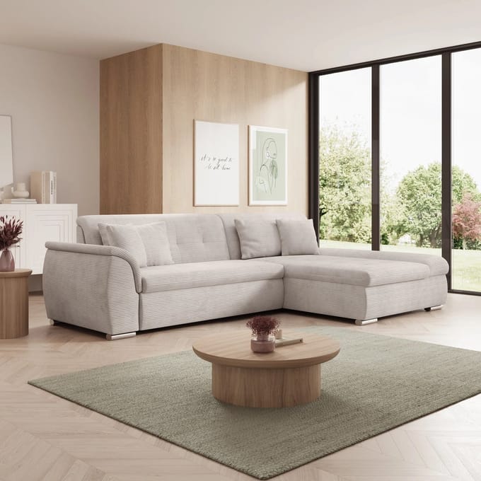Meubella - Hoekbank Alberta - Beige - Ribstof - Rechts