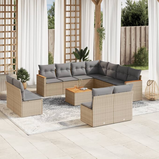 vidaXL - 12-delige - Loungeset - met - kussens - poly - rattan - gemengd - beige