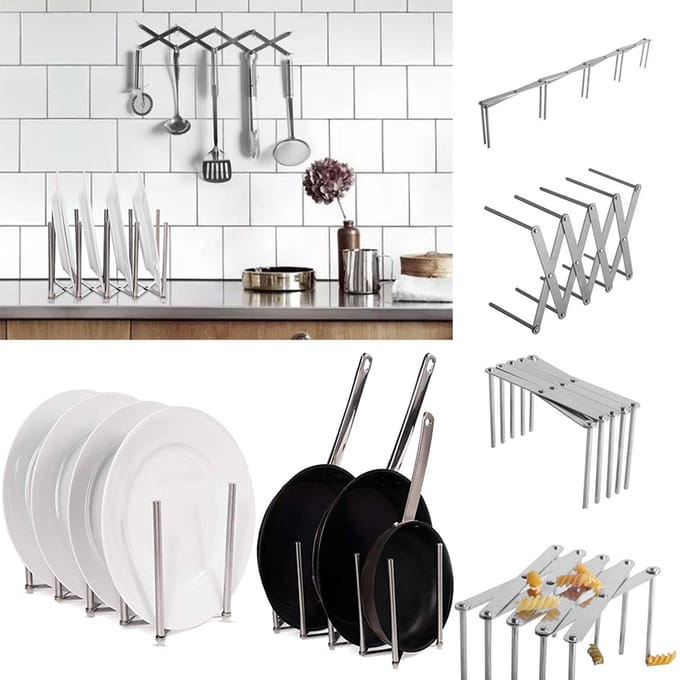 Kitchen Utensil Organizer Stainless Steel Pot Lid Plate Holder Rack 4 Sectional Adjustable Length Can Be Extended to 19 white