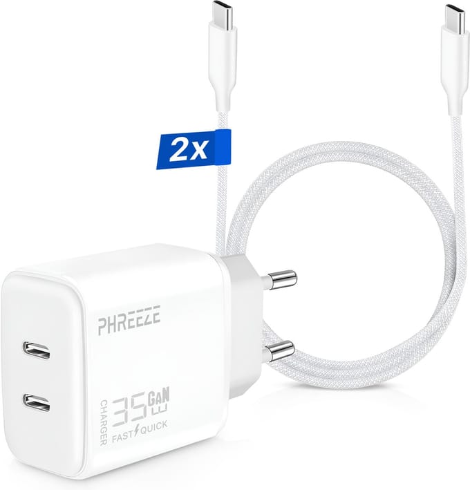 Usb C Adapter 35w + 2x usb-C Kabels (2 Meter) - Compacte Snellader Met 2 usb-C Poorten - Geschikt voor Samsung