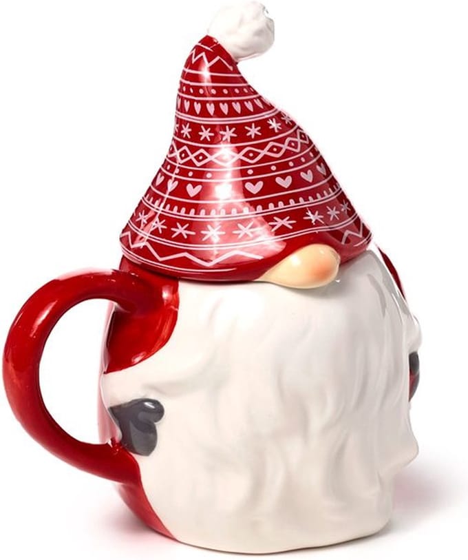 Beker/Mok met Deksel - Scandi Kerst Gnoom Kabouter Gevormd - Rood&Wit - Keramiek - 500ml