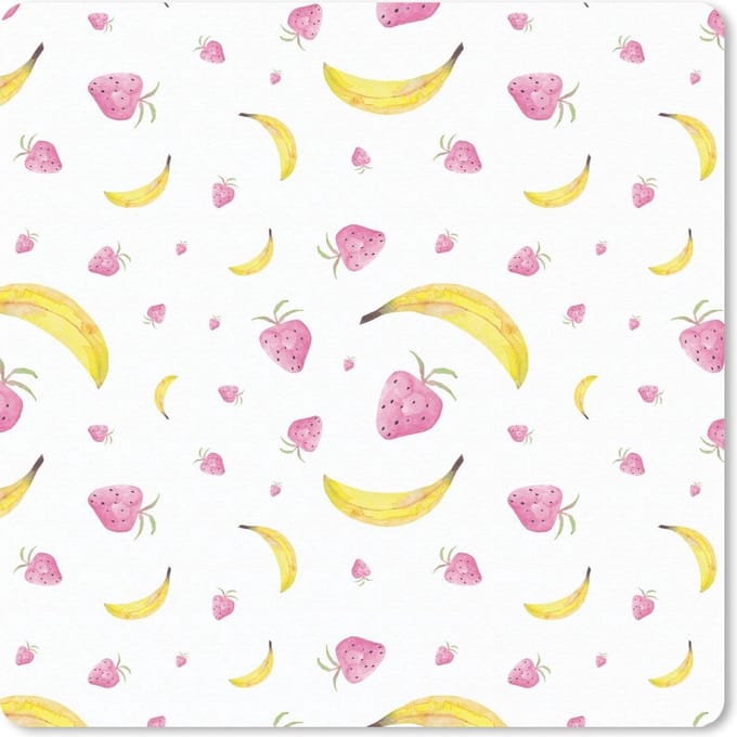Muismat 20x20 cm - Mousepad Banaan - Aardbei - Wit - Design - Muismatten