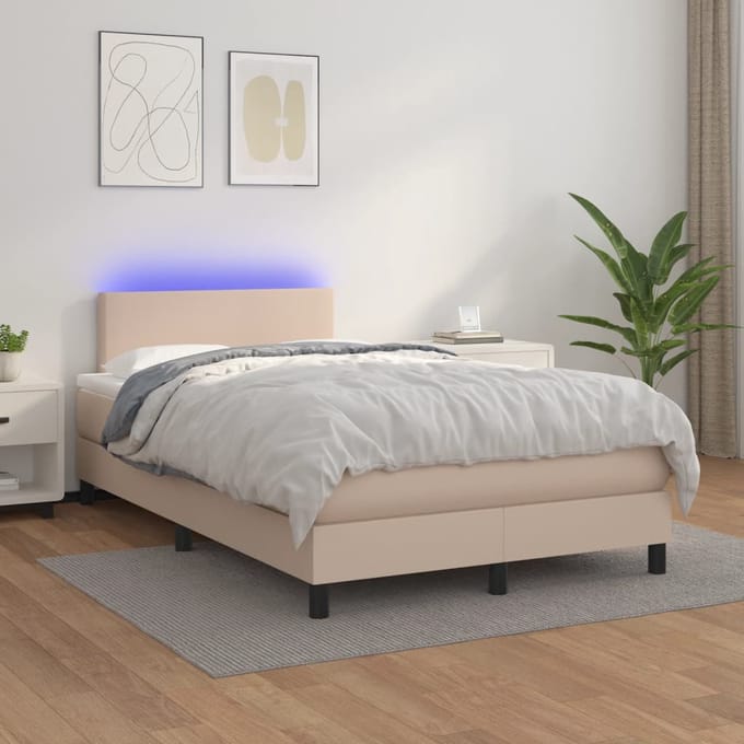vidaXL - Boxspring - met - matras - en - LED - kunstleer - cappuccinokleur - 120x200cm