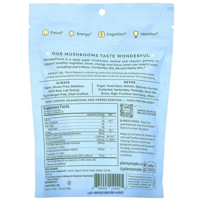 Plant People, wonderFocus®, mushroom gummies, juicy citrus, 60 gummies