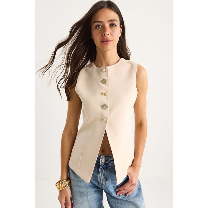 Fitted Mouwloos Knopen-Voorkant Vest met Ronde Hals