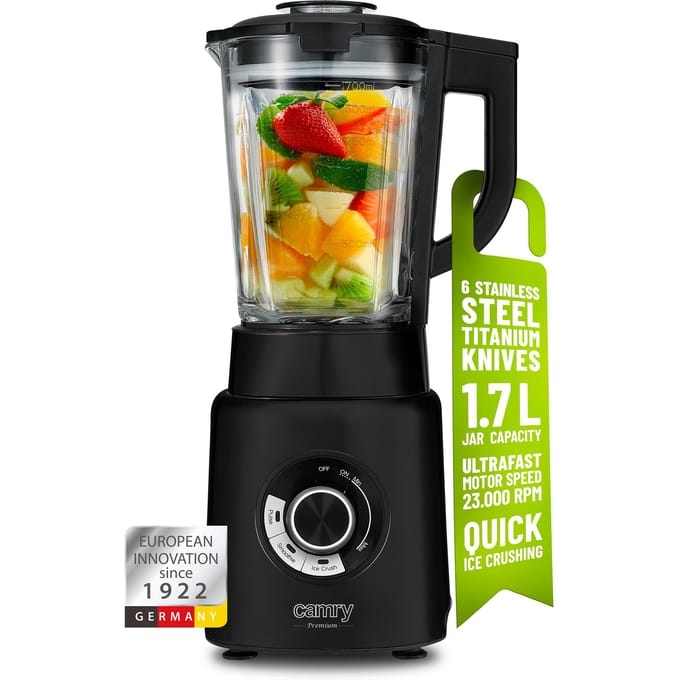Glazen blender van 2000 W, glas van 1,7 liter, 3 programma's, titanium messen, BPA-vrij, traploze regeling