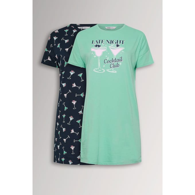 Yours 2 Pack Groene Cocktail Print Slaap Tshirt Nachthemden Size 54-56